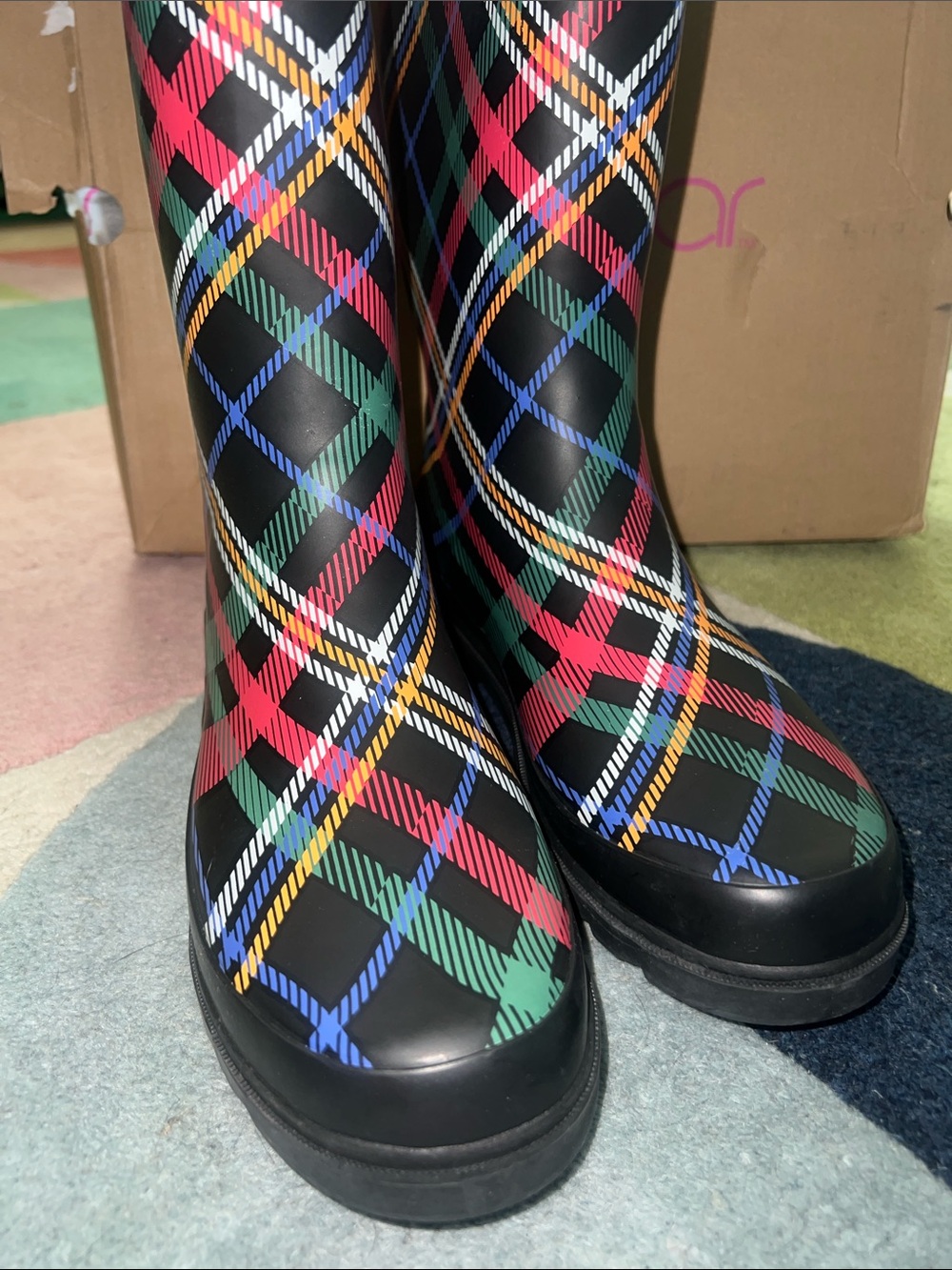 Sugar Black Plaid Rain Boots with Red, Green, Blue, Yellow - Picture 2 of 2